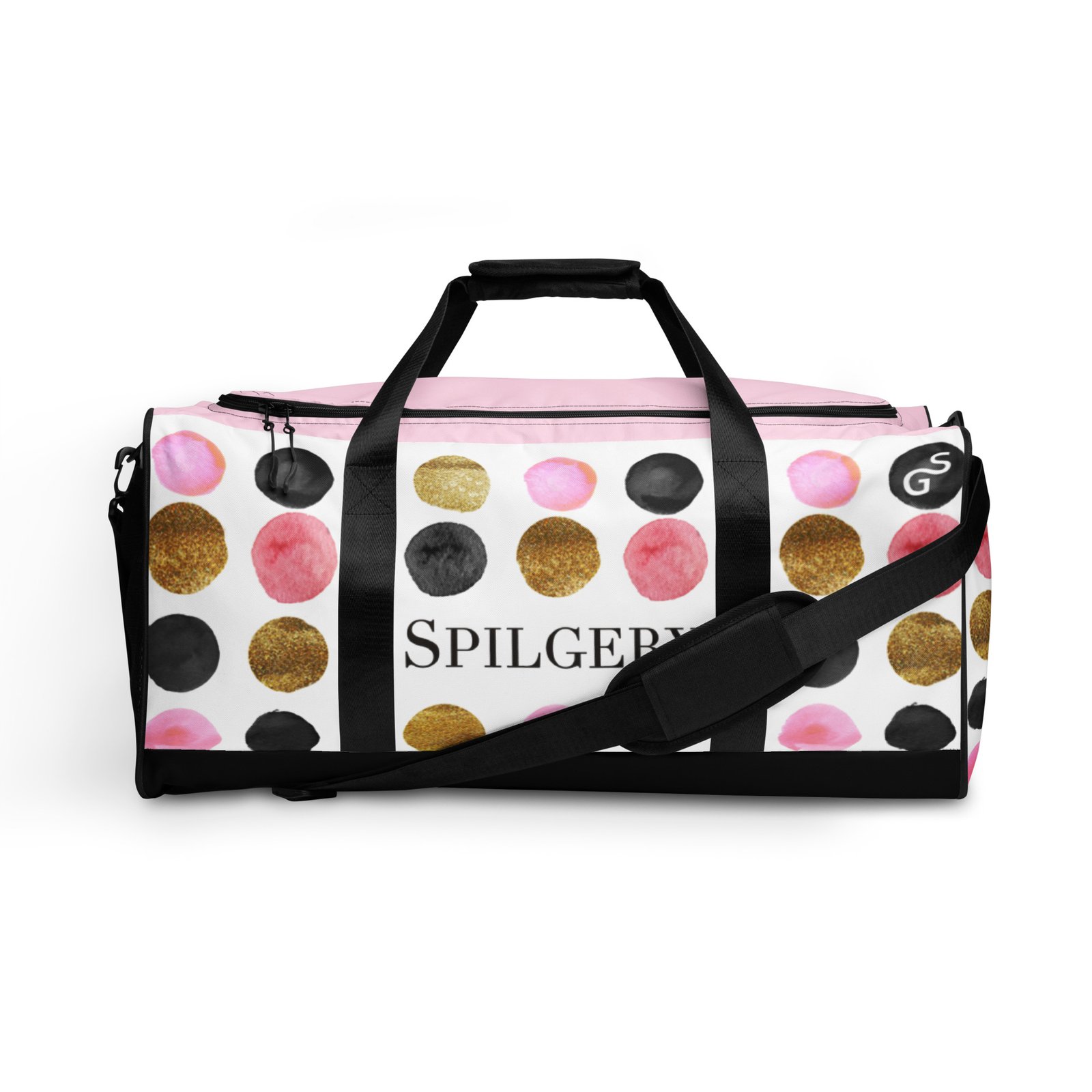 spilgery-duffle-bag-dots-collection-pink-gold-black-on-white