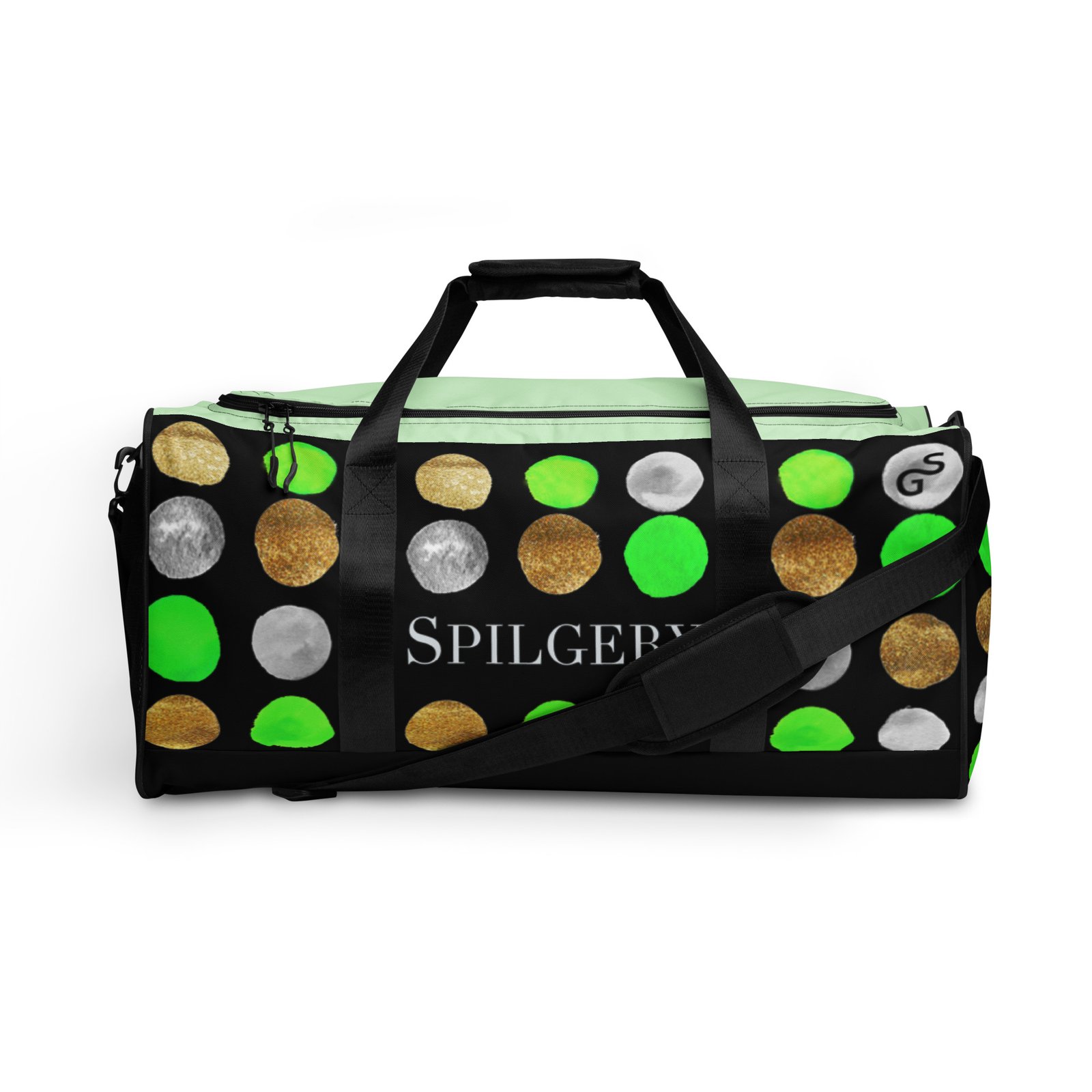 spilgery-duffle-bag-dots-collection-green-gold-silver-on-black
