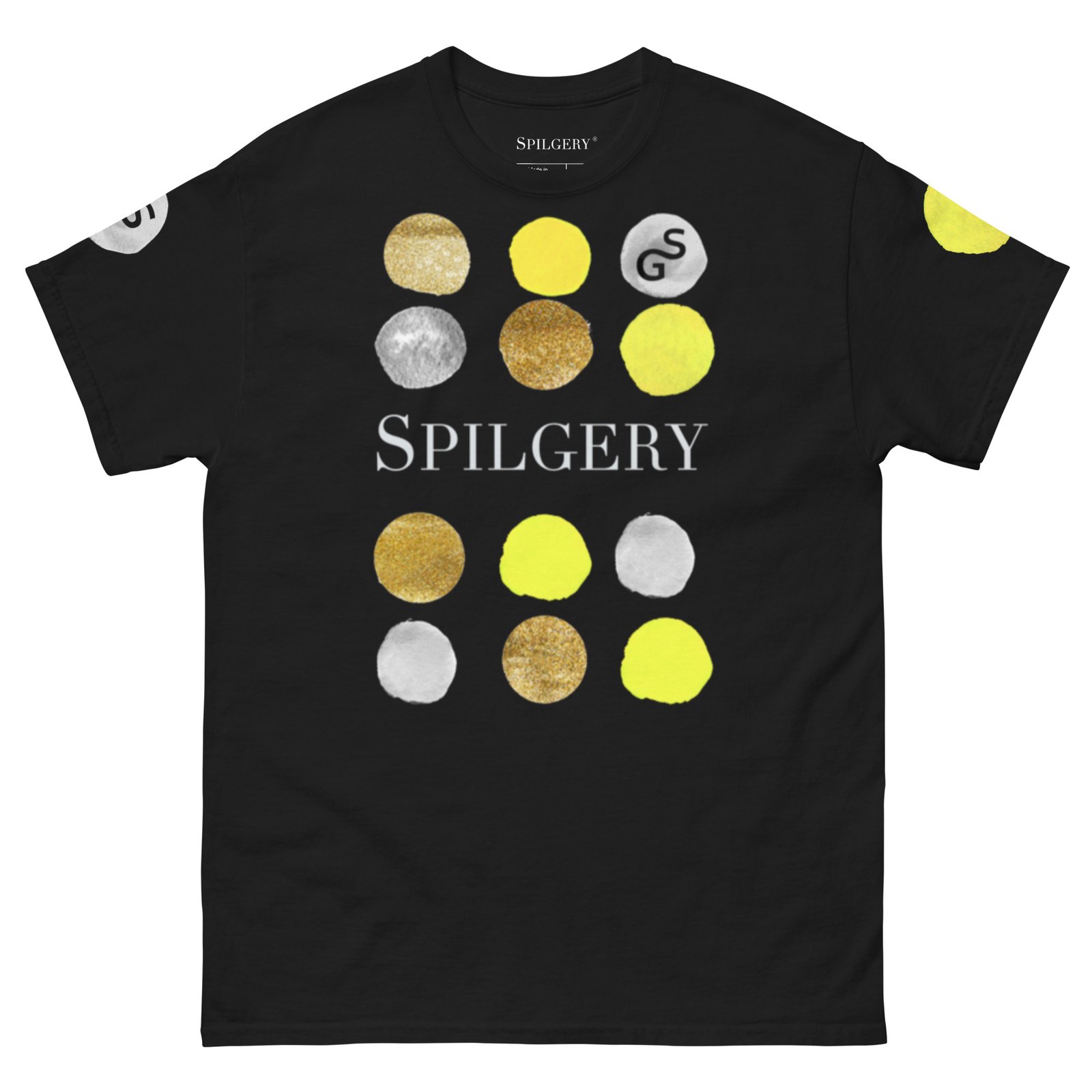 spilgery-mens-classic-tee-dots-collection-yellow-gold-white-on-black