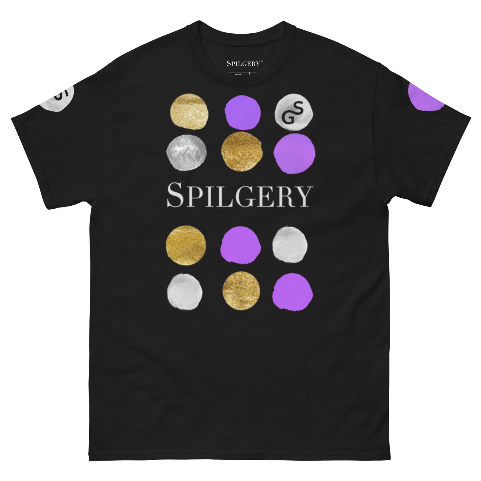 spilgery-mens-classic-tee-dots-collection-purple-gold-white-on-black