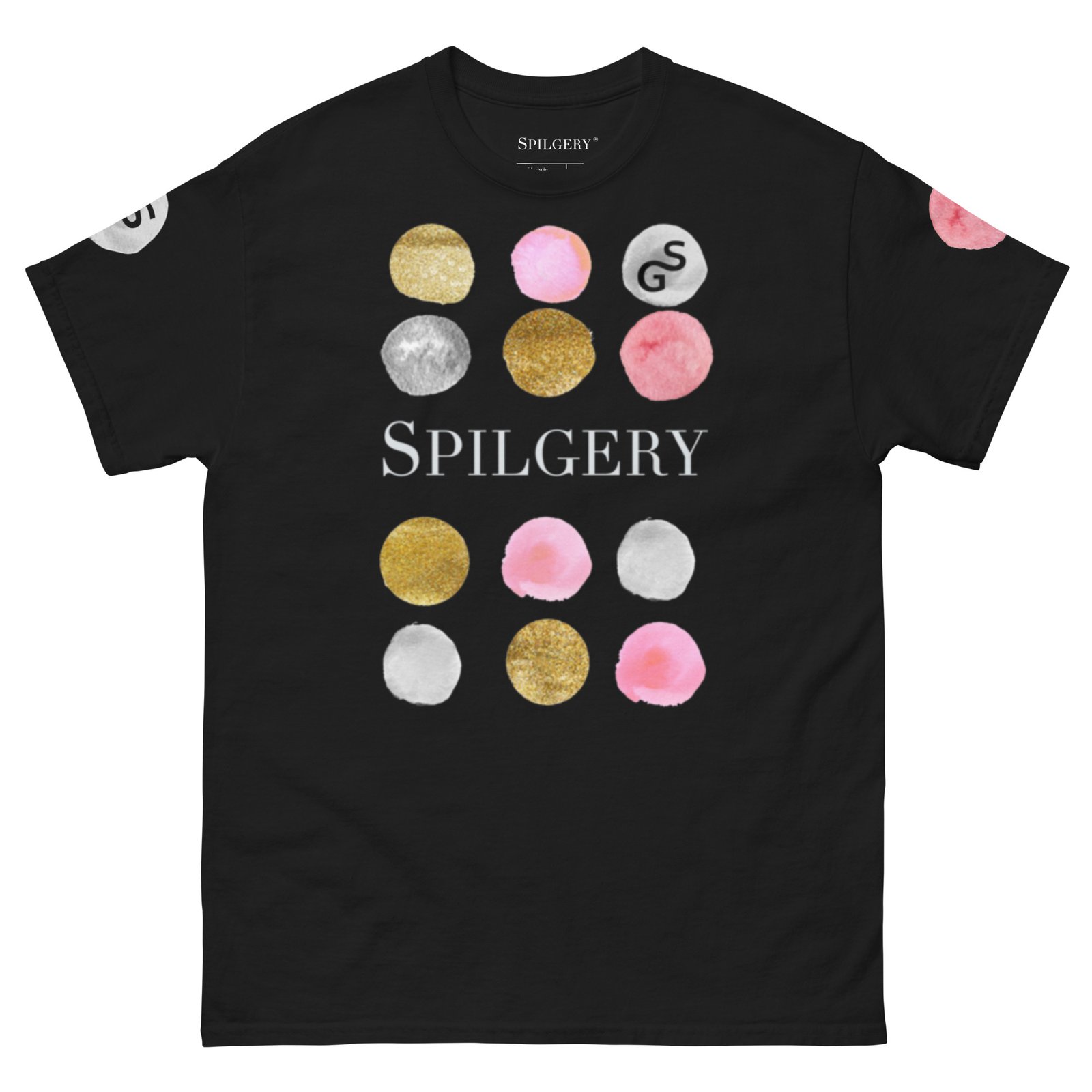 spilgery-mens-classic-tee-dots-collection-pink-gold-white-on-black-2