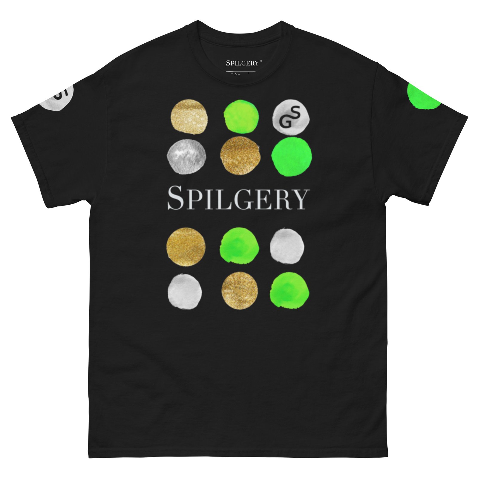 spilgery-mens-classic-tee-dots-collection-green-gold-white-on-black-2