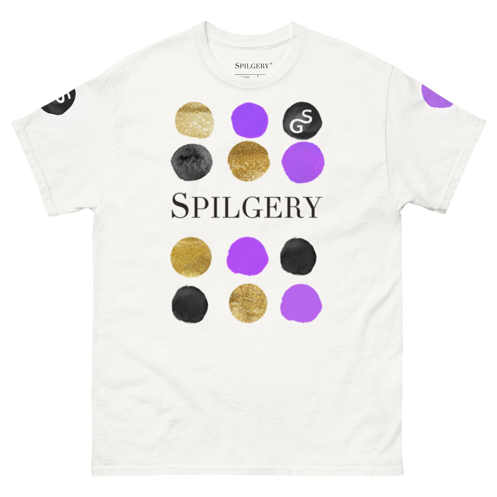 spilgery-mens-classic-tee-dots-collection-purple-gold-black-on-white