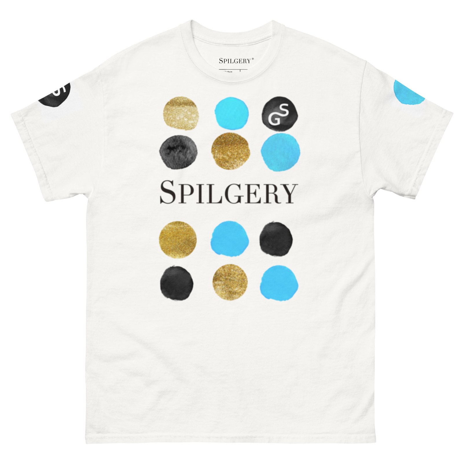 spilgery-mens-classic-tee-dots-collection-turqiuse-gold-black-on-white