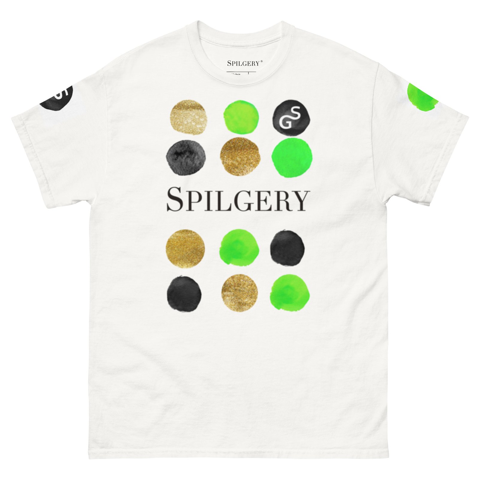 spilgery-mens-classic-tee-dots-collection-green-gold-black-on-white-2-2