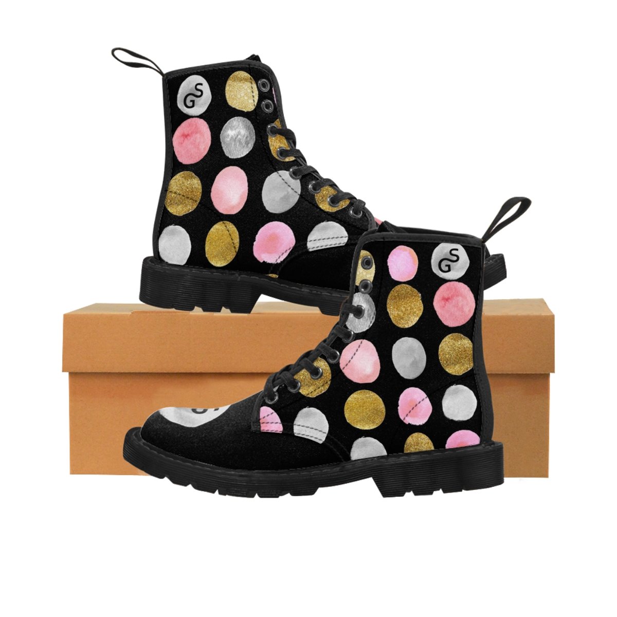 spilgery-womens-canvas-boots-dots-collection-pink-gold-silver-on-black-2